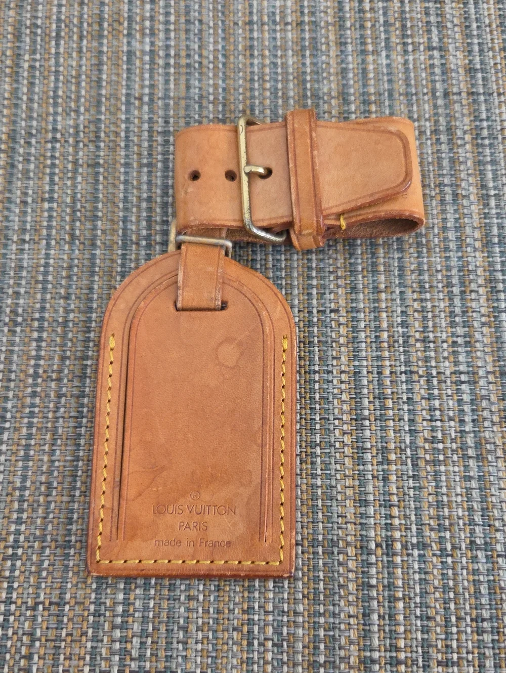 Louis Vuitton Brown Leather Luggage Tag with Yellow Stitching